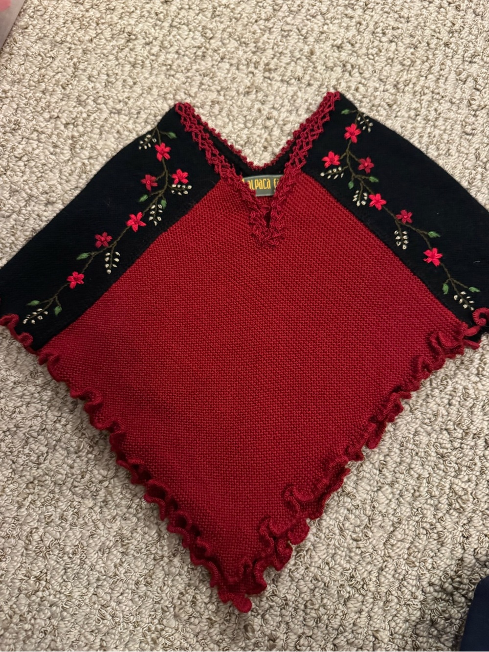 6-12m alpaca made Red & Black Embroidered V-Neck Poncho Sweater